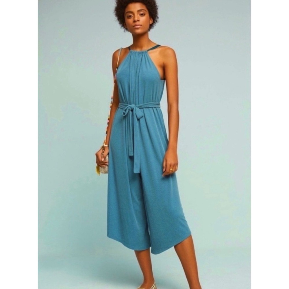 HD in Paris Anthropologie Teal Ribbed Halter Wide Leg Jumpsuit XL Sleeveless